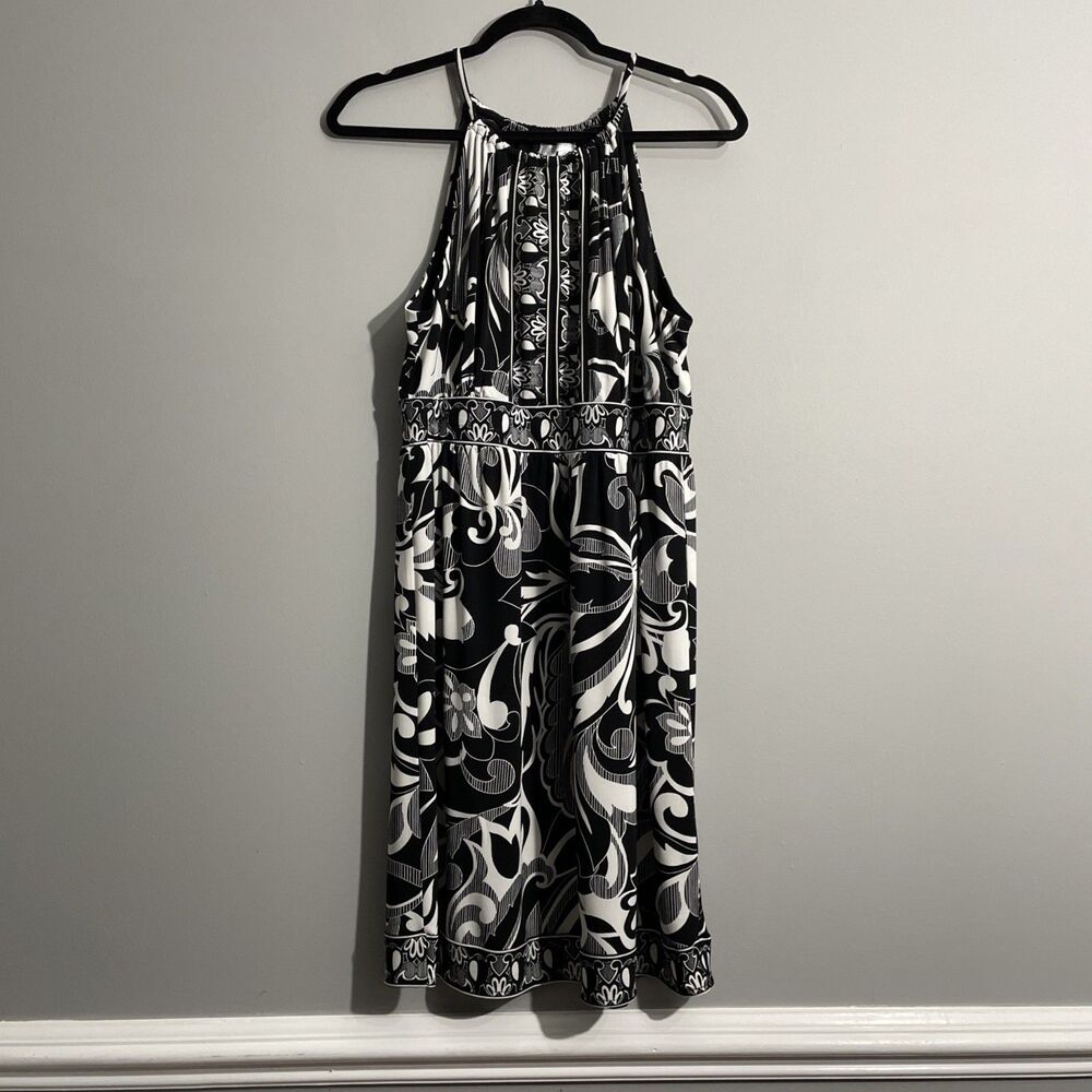 London Times Women’s Halter Floral Dress Black White Size 12 Ethereal